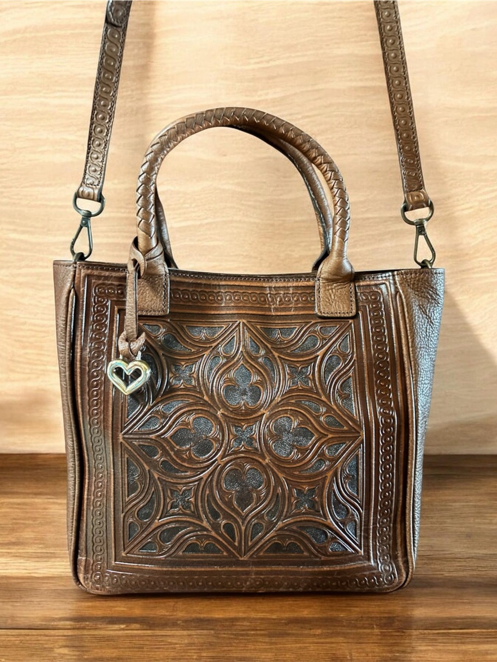 Brighton Ferrara Morella Brown Tooled Leather Tote Bag with Heart Charm
